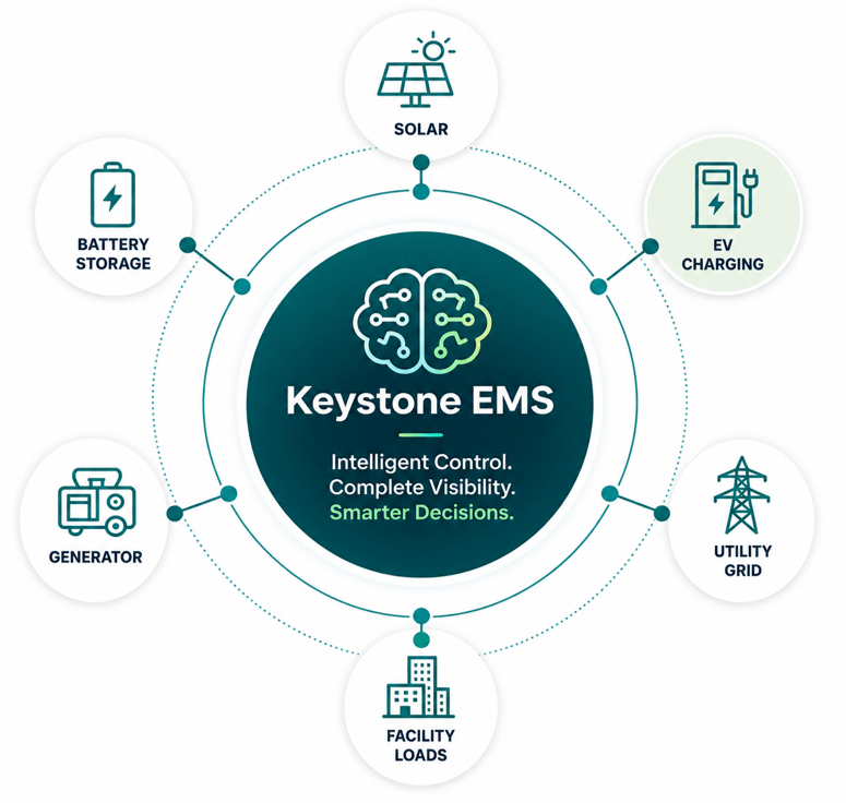 Keystone EMS microgrid controller diagram – solar, battery, generator, EV charging integration